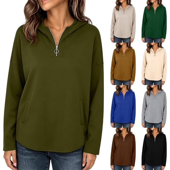 Lcziwo Women's 1/4 Zip Pullover Long Sleeve Solid Casual Hoodies Oversized Y2K Fall Winter Fashion Sweatshirt with Pockets Army Green,XL