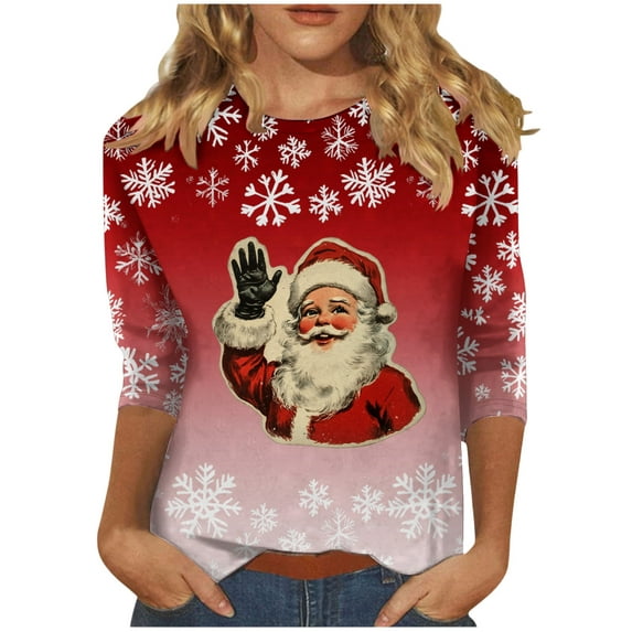 Lcziwo Women's 3/4 Sleeve Shirts Xmas Holiday Crew Neck Tees Funny Santa Print Elegant Tops Fall Fashion Casual Trendy Blouses Red,L