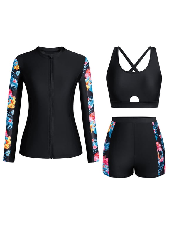 Women's 3 Piece Rash Guard Sun Protection Long Sleeve Swimwear Built in Bra Zip Up Swim Shirts with Boyshorts Red,M