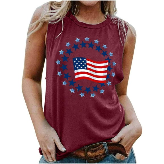 Lcziwo Women's American Flag Shirt Casual Fashion Sleeveless Crew Neck Blouses 4th of July Cute Graphic Print Shirts Wine,M