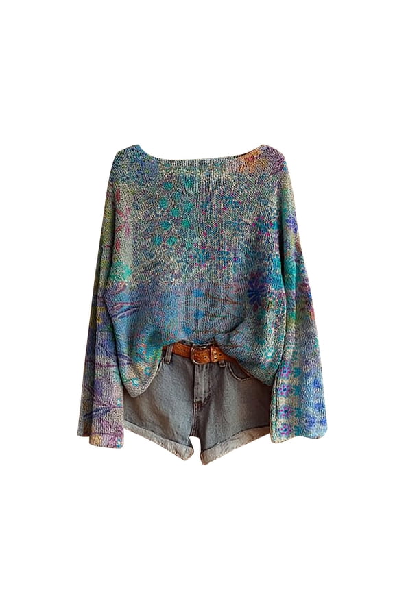 Women's Boho Fall Sweaters 2025 Oversized Lightweight Shirts Ethnic Vintage Graphic Casual Tops Long Sleeve Round Neck Pullover Navy,M