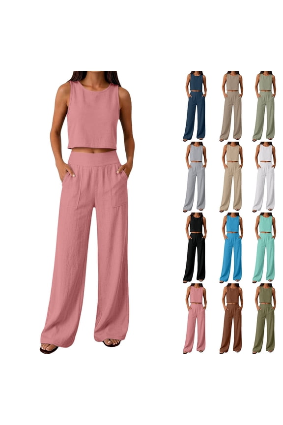 Women's Cotton Linen 2 Piece Set Sleeveless Solid Cropped Tank Tops with Wide Leg Pants Casual Summer Loose Outfits Black,XXL