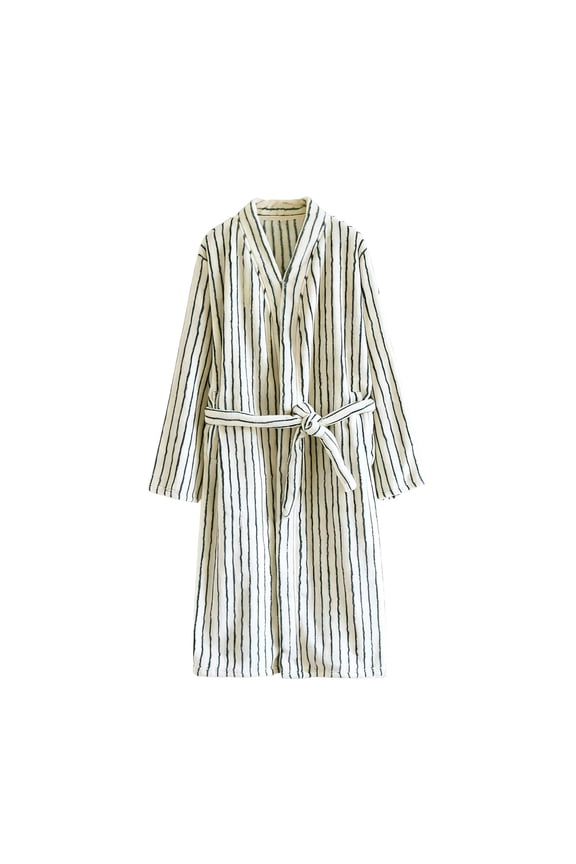 Women's Cotton Striped Robe Fuzzy Plush Fleece Bathrobe Winter Warm Soft Belted Long Nightgown Green,M