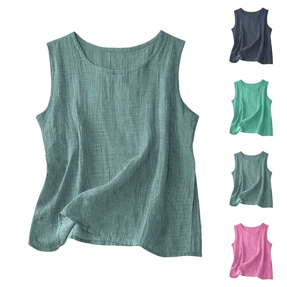 Lcziwo Women's Crew Neck Cotton Linen Tank Tops Sleeveless Lightweight Gauze Shirts Summer Loose Casual Blouses Mint Green,XL