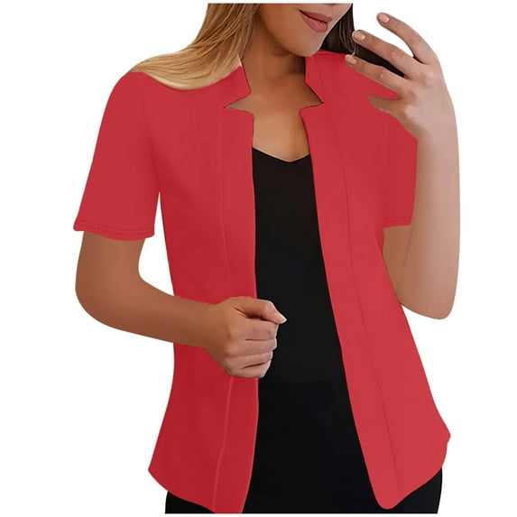 Lcziwo Women's Fashion Coats Solid Color Notch Collar Outerwear Short Sleeve Open Front Jackets Business Office Work Blazer 2025 Red,XXL