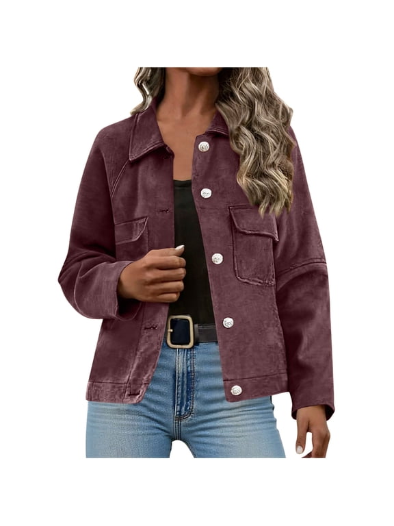 Women's Faux Suede Bomber Jacket Long Sleeve Button Up Coats Lapel Casual Trendy Cropped Outfits Fall Fashion 2025 Outerwear Purple,M
