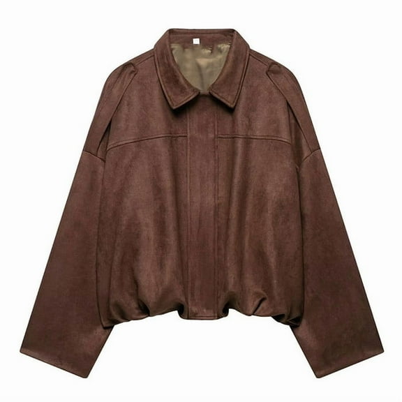 Lcziwo Women's Faux Suede Bomber Jacket Oversized Pilot Casual Crop Coats Fall Lapel Zip Up Motorcycle Streetwear Outerwear Brown,M