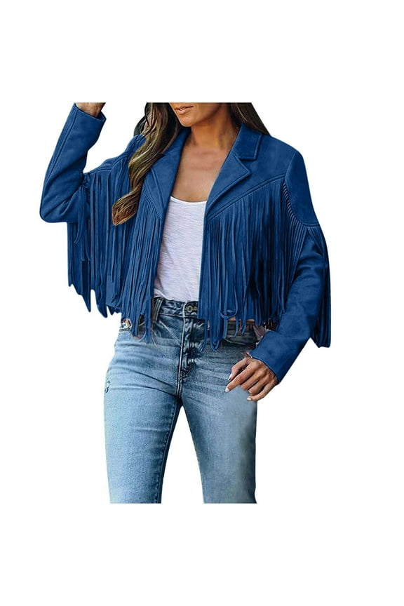 Women's Faux Suede Leather Jackets Long Sleeve Lapel Jackets Fringe Tassels Cowboy Coats Moto Casual 2025 Cropped Jackets Navy,M