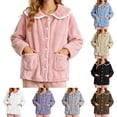 thumbnail image 1 of Lcziwo Women's Fleece Bed Jackets Lace Collar Button Down Cozy Pjs Coats Cold Weather Pockets Winter Warm Loungewear Black,L, 1 of 8