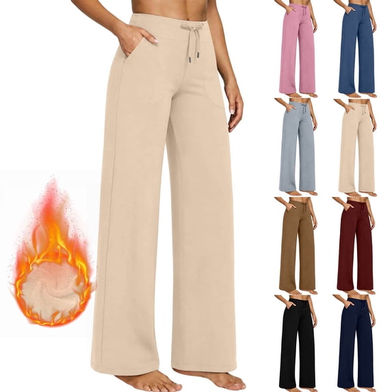 Lcziwo Women's Fleece Yoga Pants Drawstring Wide Leg Casual Soft Trousers Workout Fitness Work Thermal Pants with Pockets Blue,XL