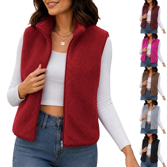 Lcziwo Women's Fuzzy Vest Full Zip Stand Collar Solid Gilet Fleece Cozy Outdoor Sleeveless Crop Jacket with Pockets Brown,XXL