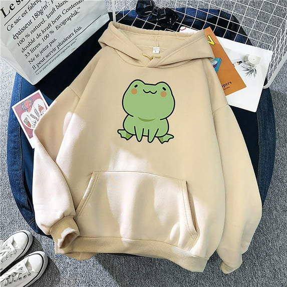 Lcziwo Women's Graphic Hoodies Casual Winter Pullover Sweatshirts Long Sleeve Drawstring Frog Print Tops with Pockets Khaki,XXL