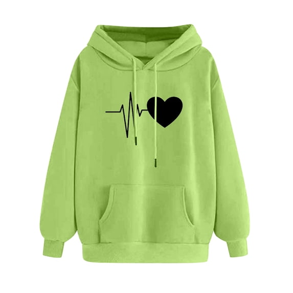 Lcziwo Women's Graphic Sweatshirts Heart Print Long Sleeve Tops Drawstring Pullover Casual Winter Hooded with Pockets Green,XL