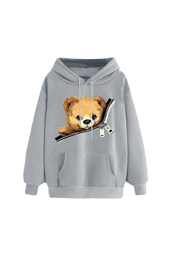 Women's Graphic Sweatshirts Teddy Bear Print Long Sleeve Tops Drawstring Pullover Casual Winter Hooded with Pockets Gray,S