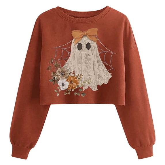 Lcziwo Women's Halloween Crop Tops Fall Funny Ghost Graphic Sweatshirt Long Lantern Sleeve Round Neck Pullover Spooky Season Novelty Clothes Khaki,M
