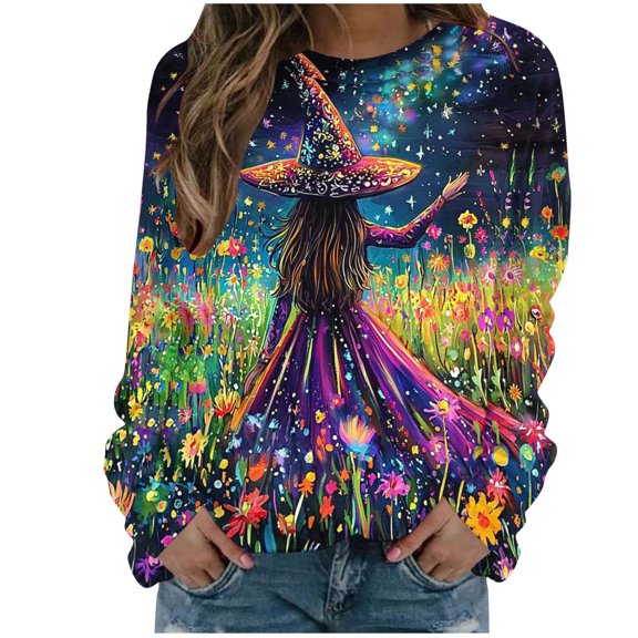 Lcziwo Women's Halloween Sweatshirts Long Sleeve Crewneck Sweatshirts Funny Witches Print Horror Movie Pullover Casual Fall Winter 2025 Tops Purple,XL