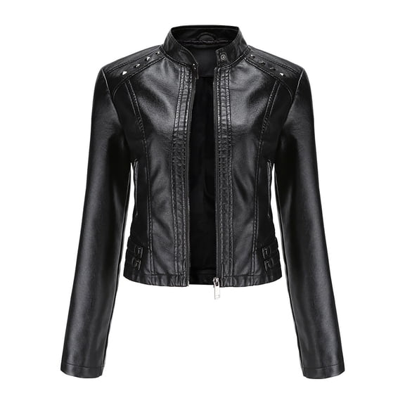 Lcziwo Women's Leather Blazer Long Sleeve Solid Color Jackets Standing Collar Zip Up Casual Coats Open Front Biker Moto Cardigan Outerwear 2025 Black,M