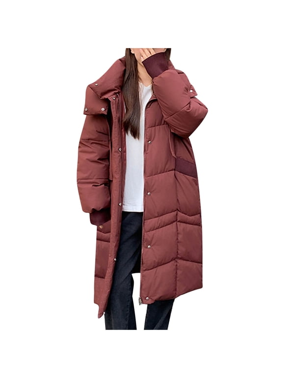 Women's Long Puffer Jacket Quilted Winter Warm Casual Outerwear Zip Up Thicken Padded Hooded Coats with Pockets 2025 Red,M