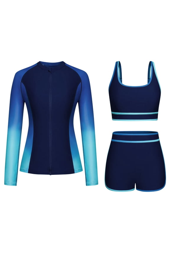 Women's Long Sleeve Rash Guard 3 Piece Print Full Zip Swimsuits Built in Bra Printed Swim Shirts with Boyshorts Quick Dry Surfing Swimsuit Set Blue,XL