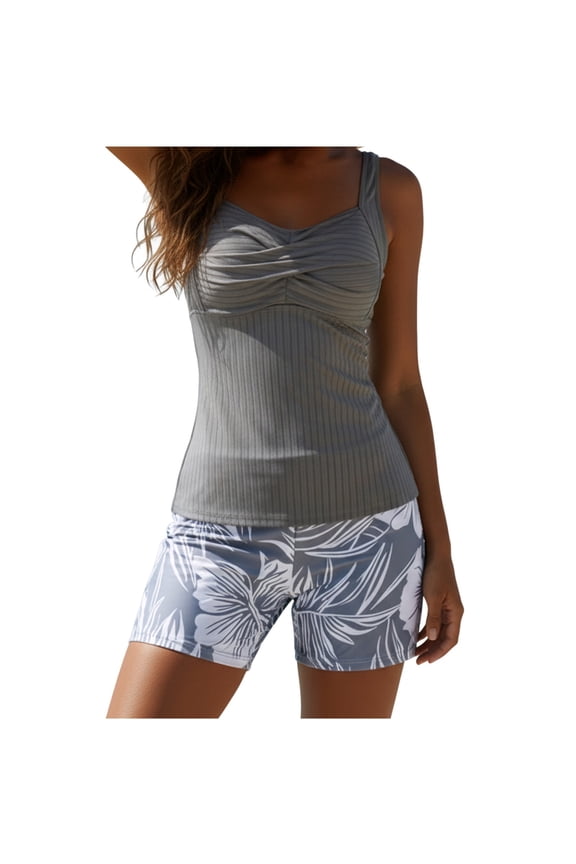 Women's Modest Tankini with Shorts Two Piece Tummy Control Swimwear Ruched Push Up Swim Tops Gray,S