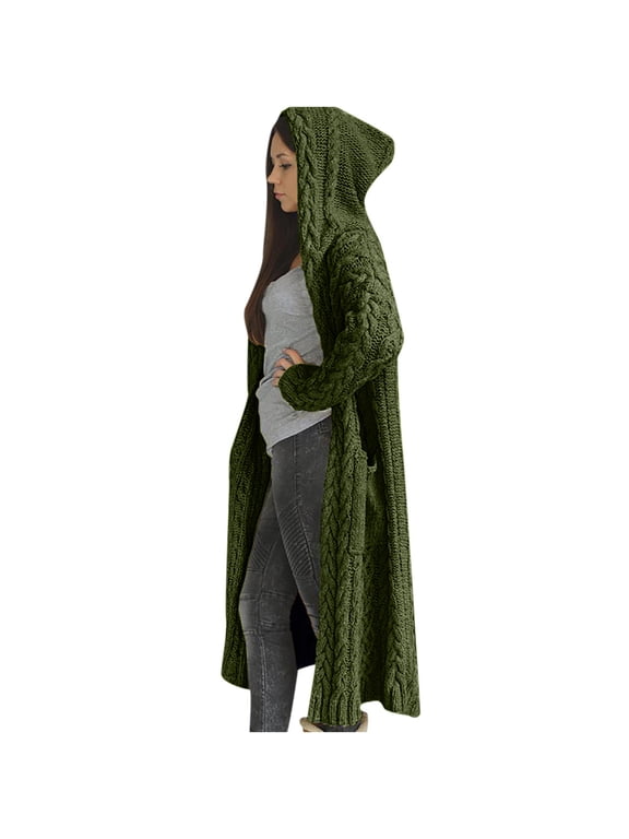 Women's Open Front Sweater Cable Knit Chunky Hooded Jackets Long Sleeve Button Down Coats Casual Plain Winter Warm Outerwear with Pockets 2025 Green,L