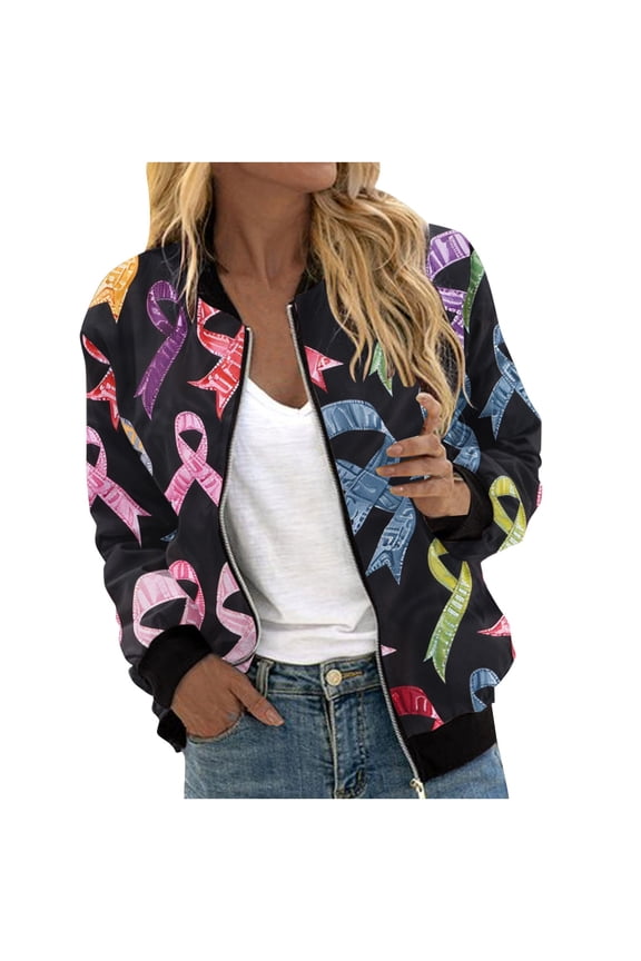 Women's Pink Ribbon Bomber Jacket Support Breast Cancer Awareness Windbreaker Lightweight Zip Up Loose Coats with Pockets Casual Trendy 2025 Coats Black,S