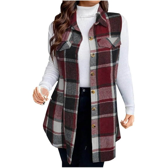 Lcziwo Women's Plaid Flannel Vest Long Sleeveless Button Down Lapel Shacket Casual 2025 Fall Winter Warm Jackets with Pockets Wine,L