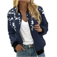 thumbnail image 1 of Lcziwo Women's Plus Size Bomber Jacket Casual Trendy 2025 Lightweight Jackets Long Sleeve Crew Neck Windbreaker Floral Print Zip Up Coats with Pockets Navy,XXXXL, 1 of 5