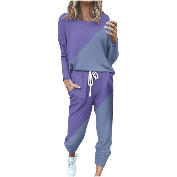 Lcziwo Women's Plus Size Sweatsuits Spring Autumn Patchwork Casual Tracksuits Two Piece Outfits Long Sleeve Long Pants Sweatsuits Navy,XXXXL