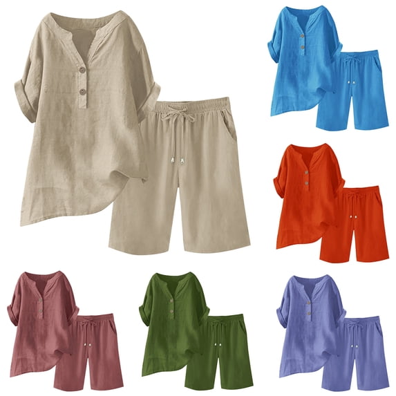 Lcziwo Women's Plus Size Two Piece Sets Henley V Neck Button Up Short Sleeve Tops and Elastic Waisted Drawstring Loose Shorts Comfy Outfits Orange,XXXL
