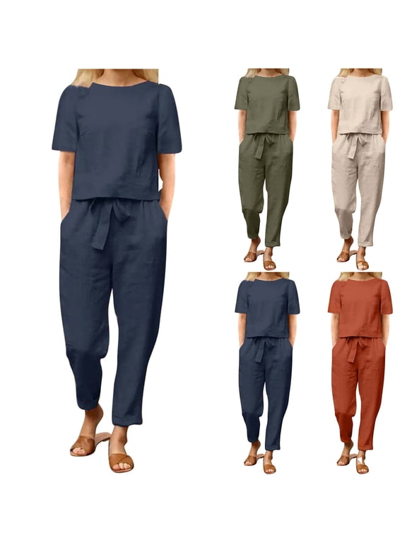 Women's Plus Size Two Piece Sets Summer Crew Neck Short Sleeve Crop Tops High Waist Drawstring Solid Pants Lounge Sets Khaki,XXXL