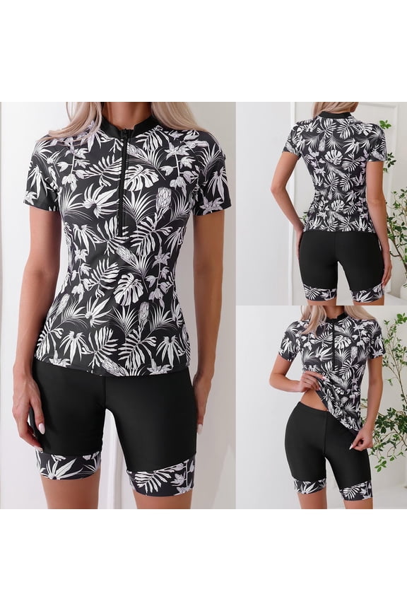 Women's Printed Two Piece Rash Guard Short Sleeve Zipper Swimwear Surfing Summer Beach Boyshort Bathing Suit Black,XXL
