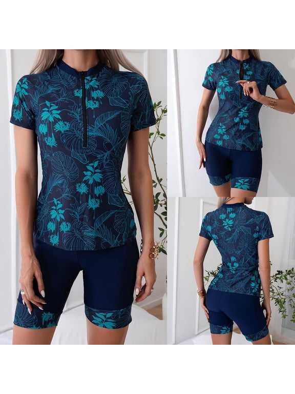 Women's Printed Two Piece Rash Guard Short Sleeve Zipper Swimwear Surfing Summer Beach Boyshort Bathing Suit Navy,L