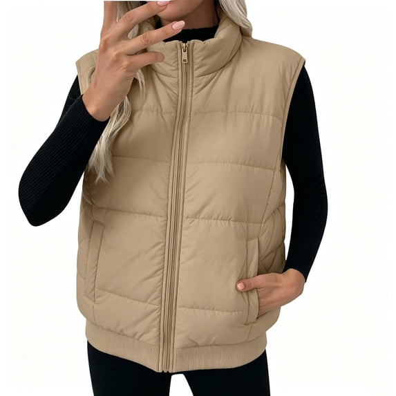 Lcziwo Women's Puffer Vest Stand Collar Zip Up Solid Jackets Lightweight Sleeveless Quilted Padded Warm Outerwear with Pockets Khaki,L