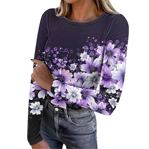 Lcziwo Women's Ribbed Long Sleeve Tops Crew Neck Stretchy Graphic Print Shirts 2025 Casual Slim Basic Pullover Tops Purple,S