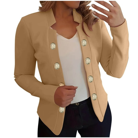Lcziwo Women's Short Blazer Long Sleeve Notch Collar Cardigan Blazer Open Front Office Work Jackets Plain Button Up 2025 Outerwear Khaki,S