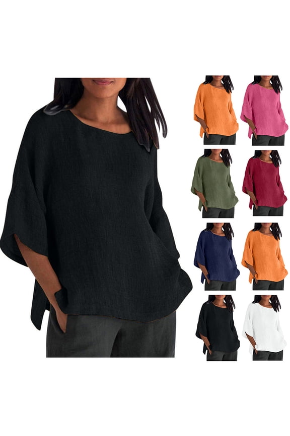 Women's Short Sleeve Cotton Linen Shirts Crew Neck Gauze Loose Shirts Casual Summer Plus Size Blouses 2026 Orange,S