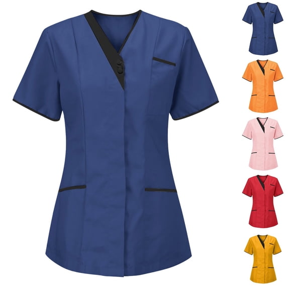 Lcziwo Women's Short Sleeve Medical Tops Color Block V Neck Nurse Scrub Top Casual Uniform with Pockets Blue,M