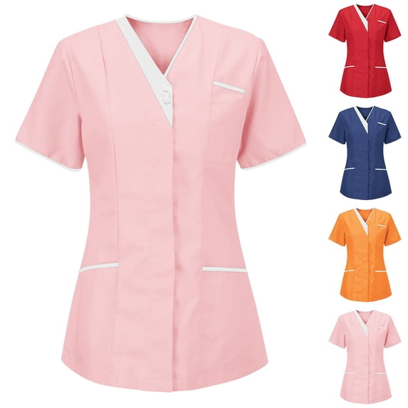 Lcziwo Women's Short Sleeve Medical Tops Color Block V Neck Nurse Scrub Top Casual Uniform with Pockets Red,M