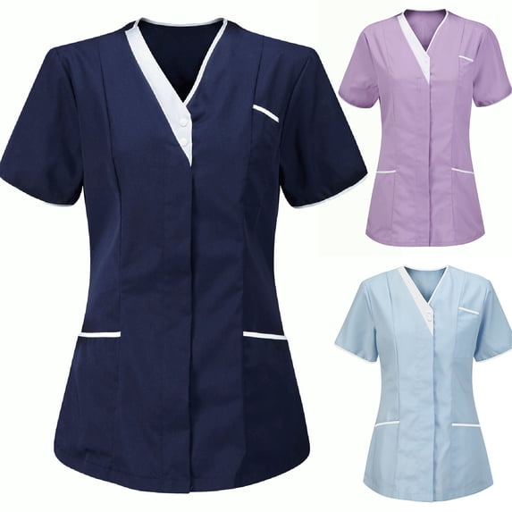 Lcziwo Women's Short Sleeve Scrub Top V Neck Color Block Shirts Nurse Working Uniform Blouse with Pockets Blue,L