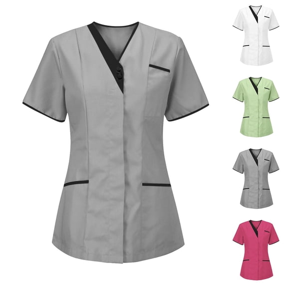 Lcziwo Women's Short Sleeve Scrub Top V Neck Color Block Shirts Nurse Working Uniform Blouse with Pockets Green,XXL