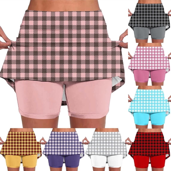Lcziwo Women's Skirts Flowy Boho Plaid Print Tennis Running Skorts High Waist Tummy Control Casual Skorts with Pockets Black,S