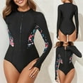 thumbnail image 1 of Lcziwo Women's Sun Protection Swimwear One Piece Long Sleeve Rash Guard Printed Zipper Tummy Control Bathing Suit Black,M, 1 of 9