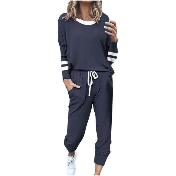 Lcziwo Women's Sweatsuit Set Spring Autumn Striped Casual Tracksuits Two Piece Outfits Long Sleeve Long Pants Sweatsuits Navy,M