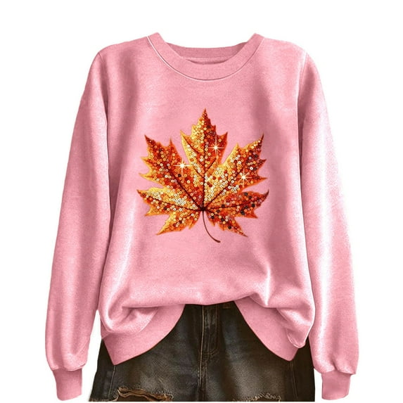 Lcziwo Women's Thanksgiving Sweatshirt Sequin Maple Leaf Print Pullover Long Sleeve Crew Neck Tops Casual Fall Winter Fashion Outfits 2025 Pink,XL