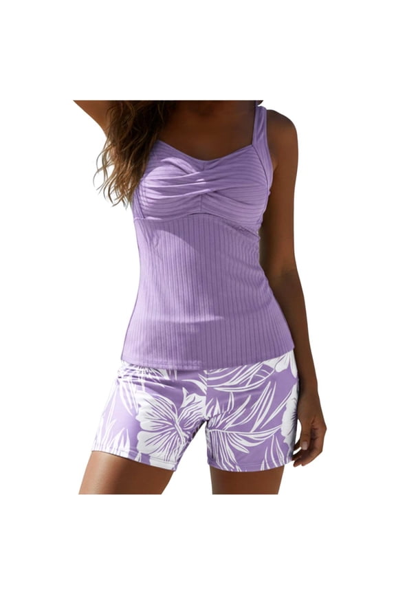 Women's Two Piece Modest Tankini Ruched Tummy Control Push Up Bathing Suit with Shorts 2026 Purple,M