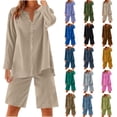thumbnail image 1 of Lcziwo Women's Two Piece Summer Sets Henley V Neck Button Down Long Sleeve Tops and Elastic Waisted Drawstring Loose Shorts Comfy Set Outfits Gold,XXL, 1 of 9