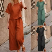 Lcziwo Womens Two Piece Summer Sets Solid Crew Neck Short Sleeve Crop Tops High Waist Wide Leg Pants Loose Lounge Sets Black,L