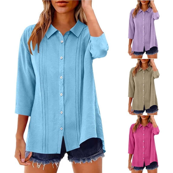 Lcziwo Women's V Neck Pleated Tops Cotton Linen Collared 3/4 Sleeve Shirts Button Down Loose Casual Blouses Hot Pink,S
