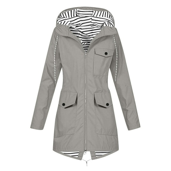 Lcziwo Women's Waterproof Raincoat Full Zip Long Sleeve Drawstring Hooded Striped Lined Outdoor Comfy Jackets with Pockets Gray,L